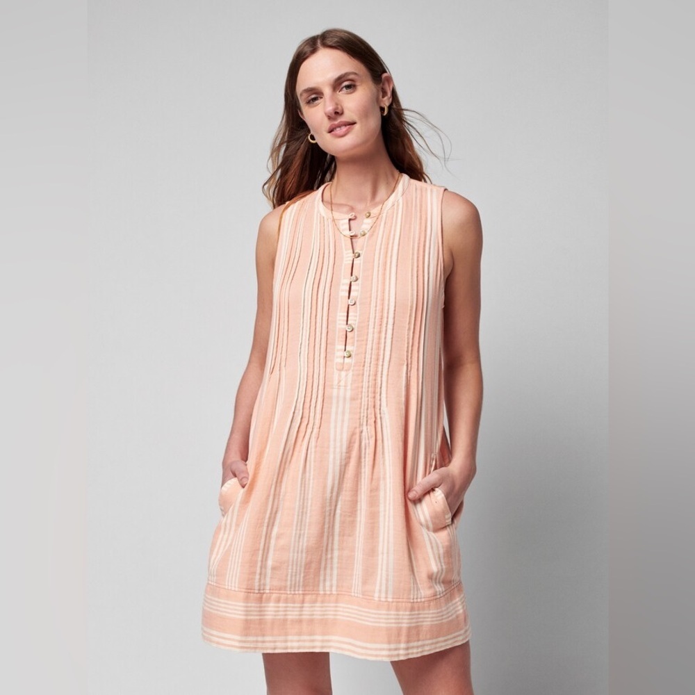 Faherty Dream Cotton Gauze Isha Dress in Sepia Neutral Stripe - Size XS - Picture 2 of 10